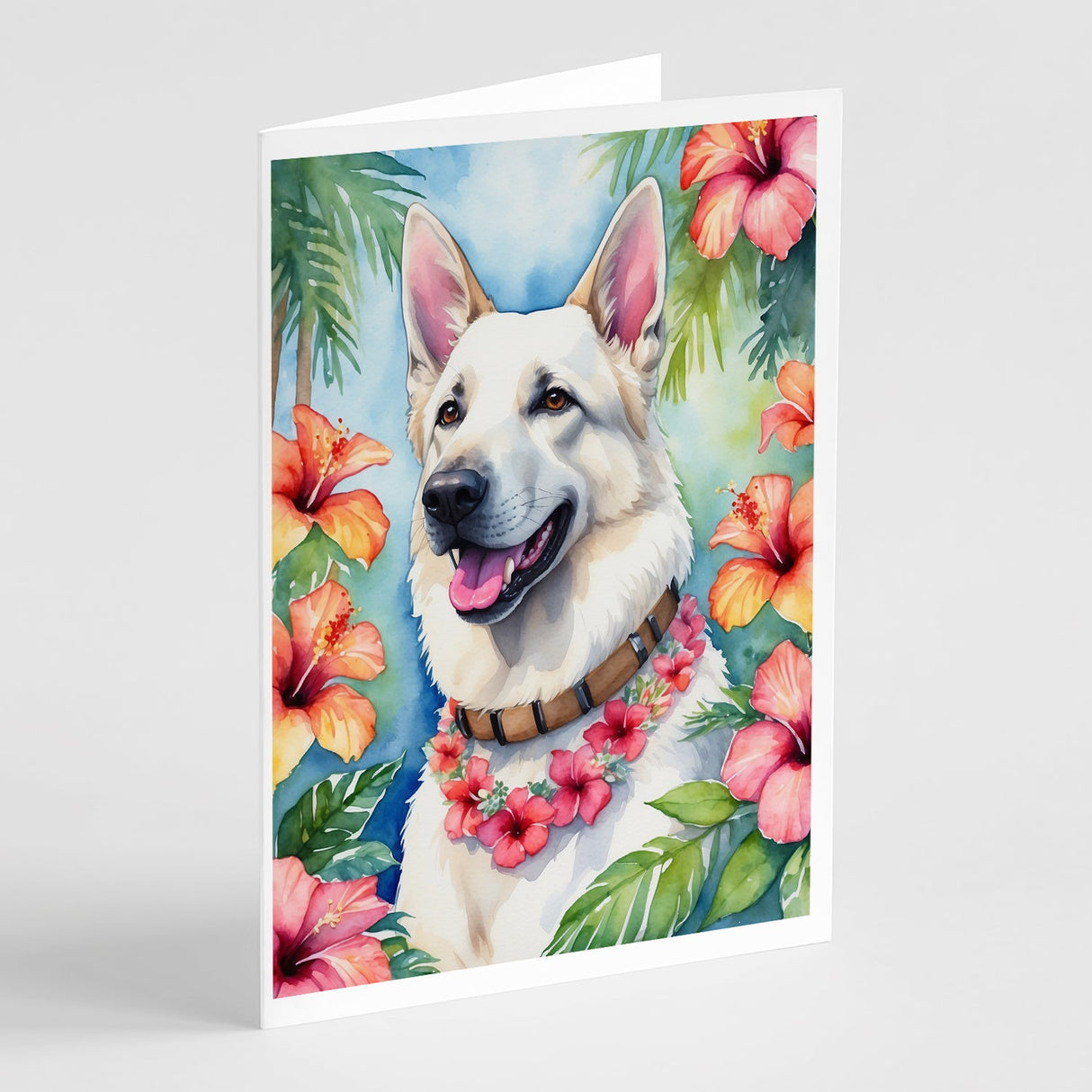 White German Shepherd Luau Greeting Cards Pack of 8