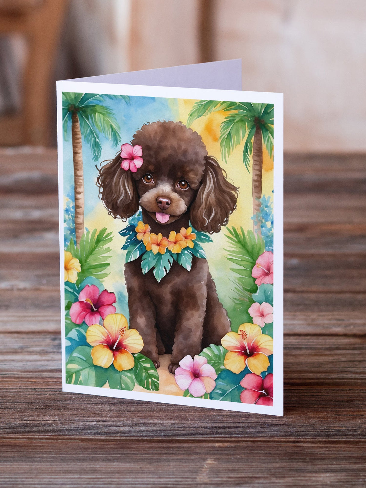 Chocolate Poodle Luau Greeting Cards Pack of 8