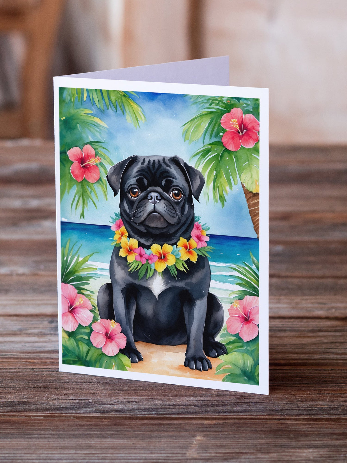 Black Pug Luau Greeting Cards Pack of 8