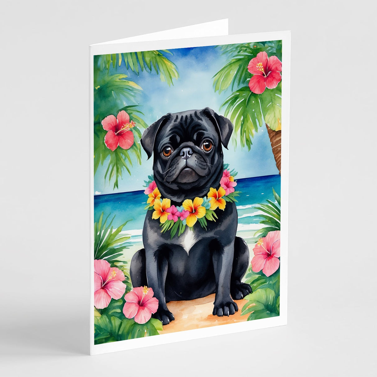 Black Pug Luau Greeting Cards Pack of 8