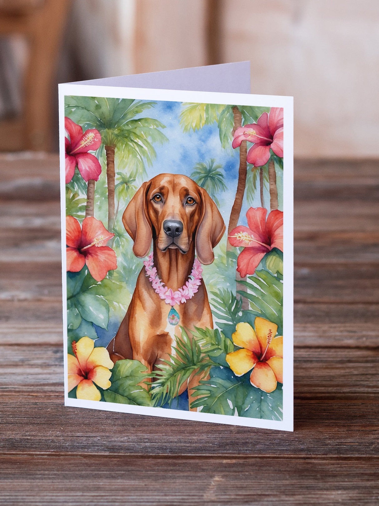 Redbone Coonhound Luau Greeting Cards Pack of 8