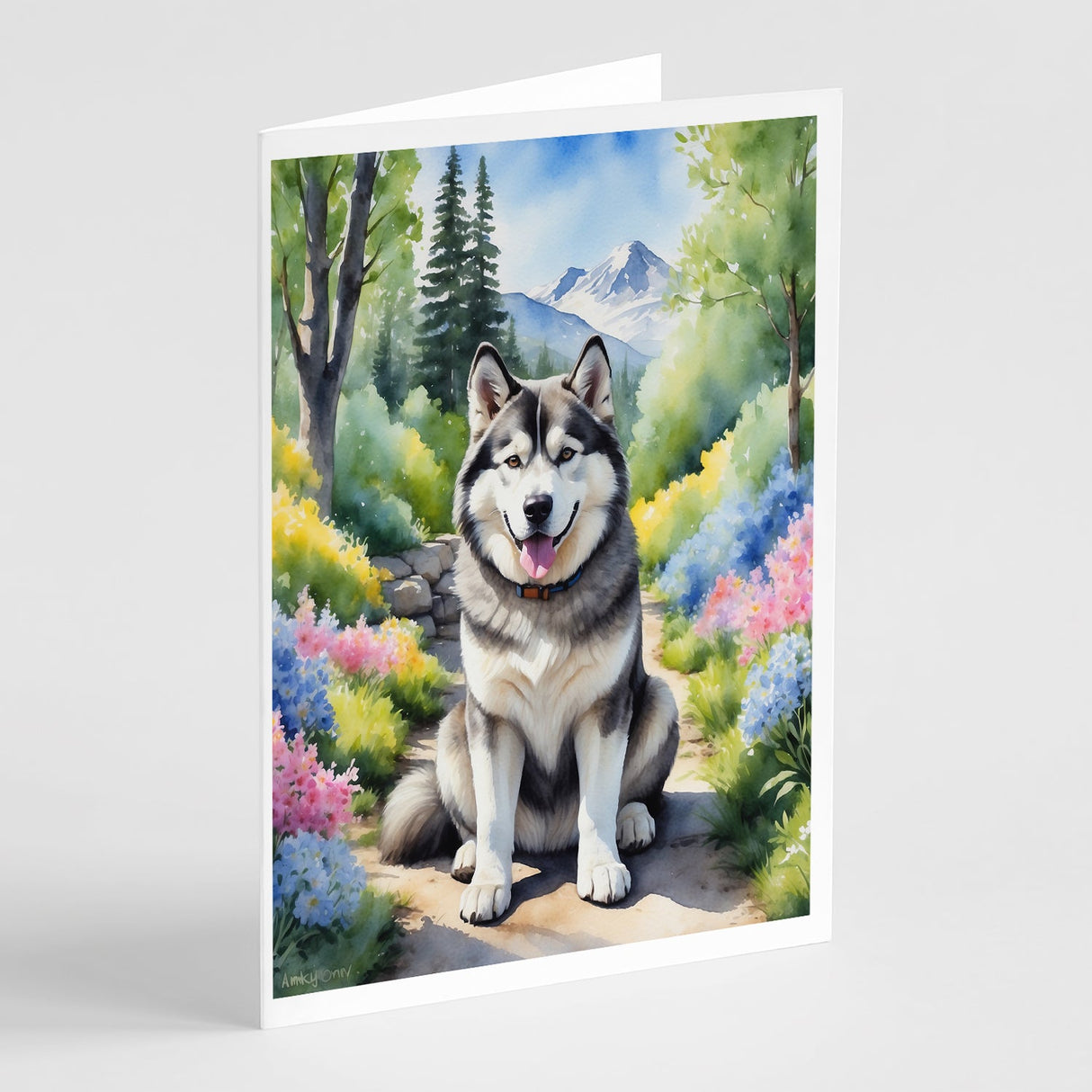 Alaskan Malamute Spring Garden Greeting Cards Pack of 8