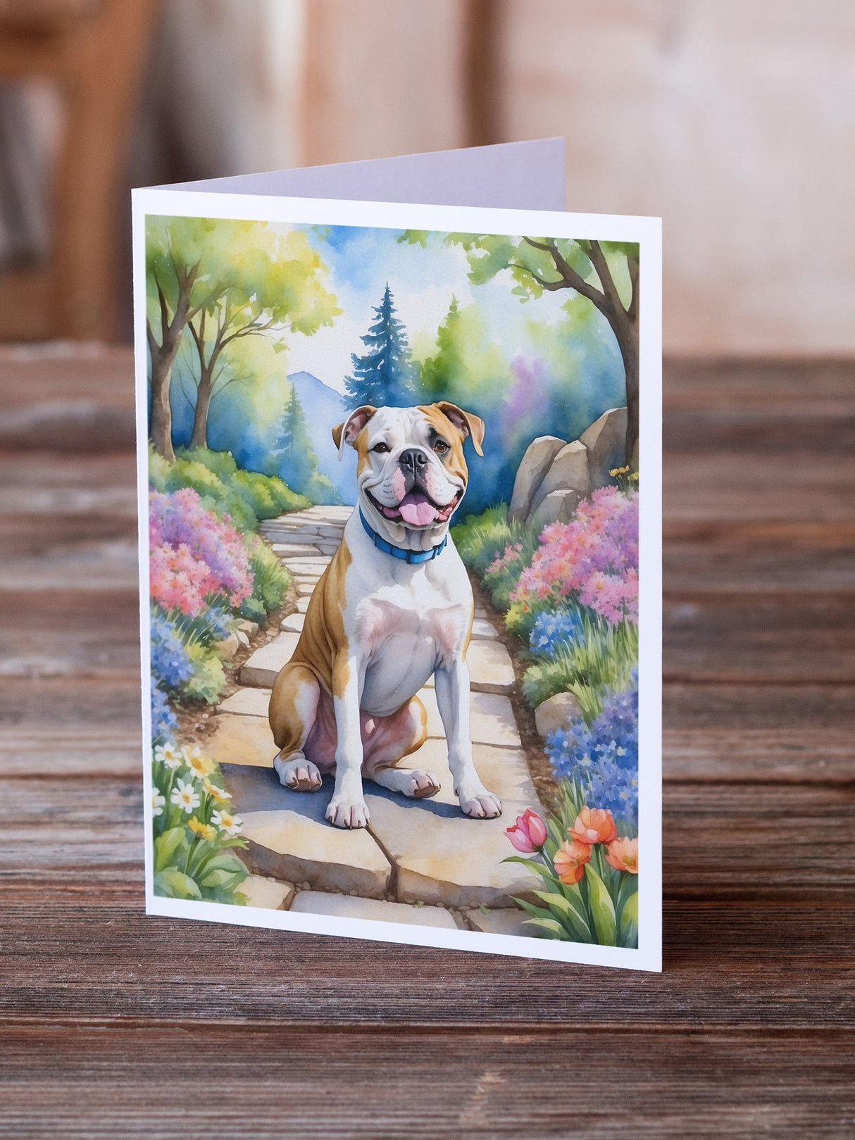 American Bulldog Spring Garden Greeting Cards Pack of 8