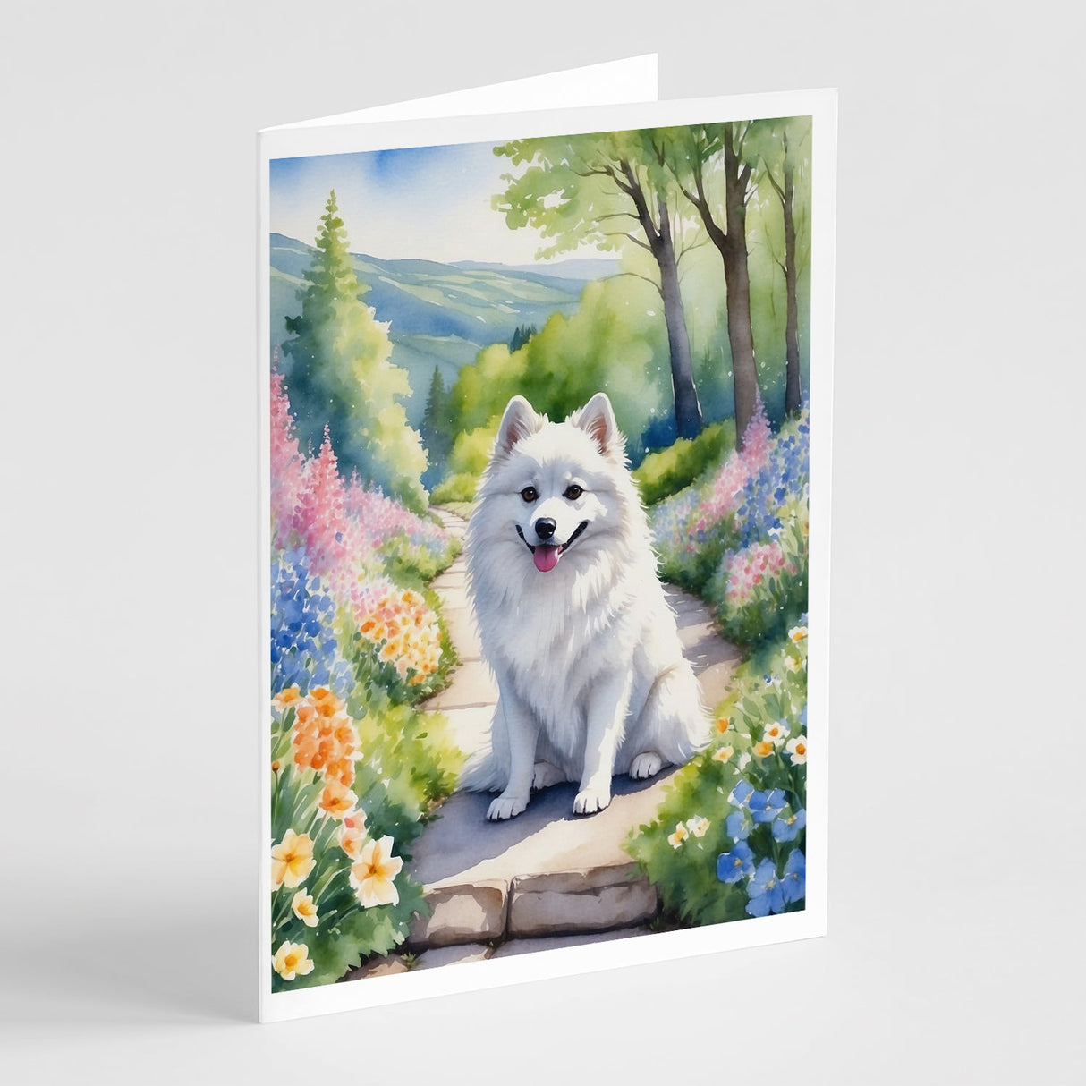 American Eskimo Spring Garden Greeting Cards Pack of 8