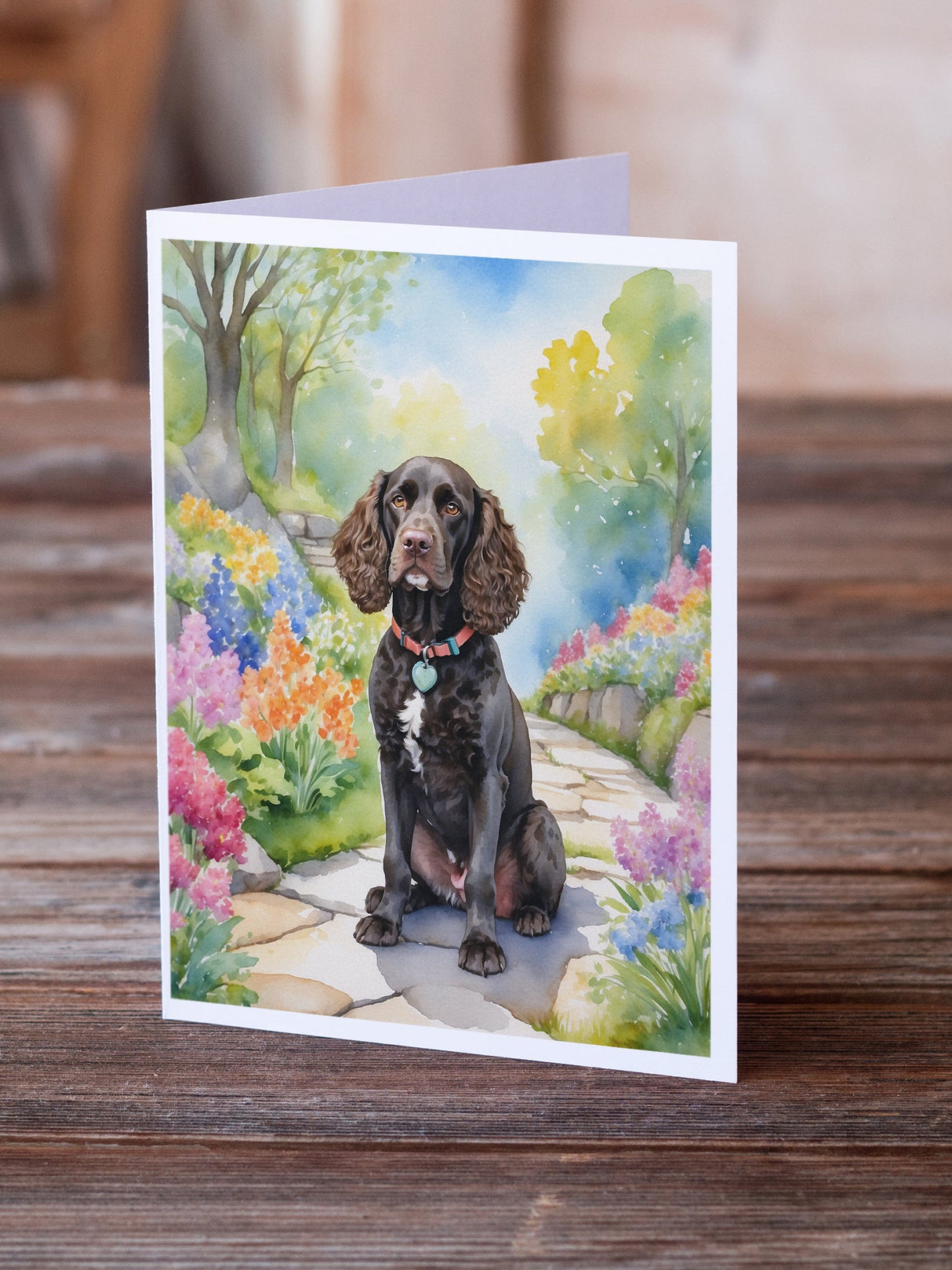 American Water Spaniel Spring Garden Greeting Cards Pack of 8