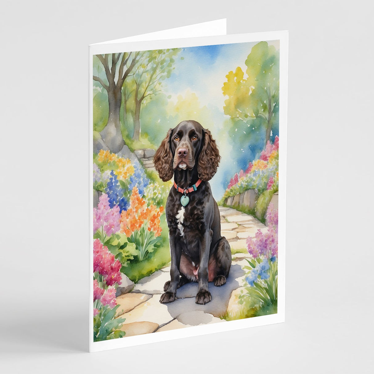 American Water Spaniel Spring Garden Greeting Cards Pack of 8