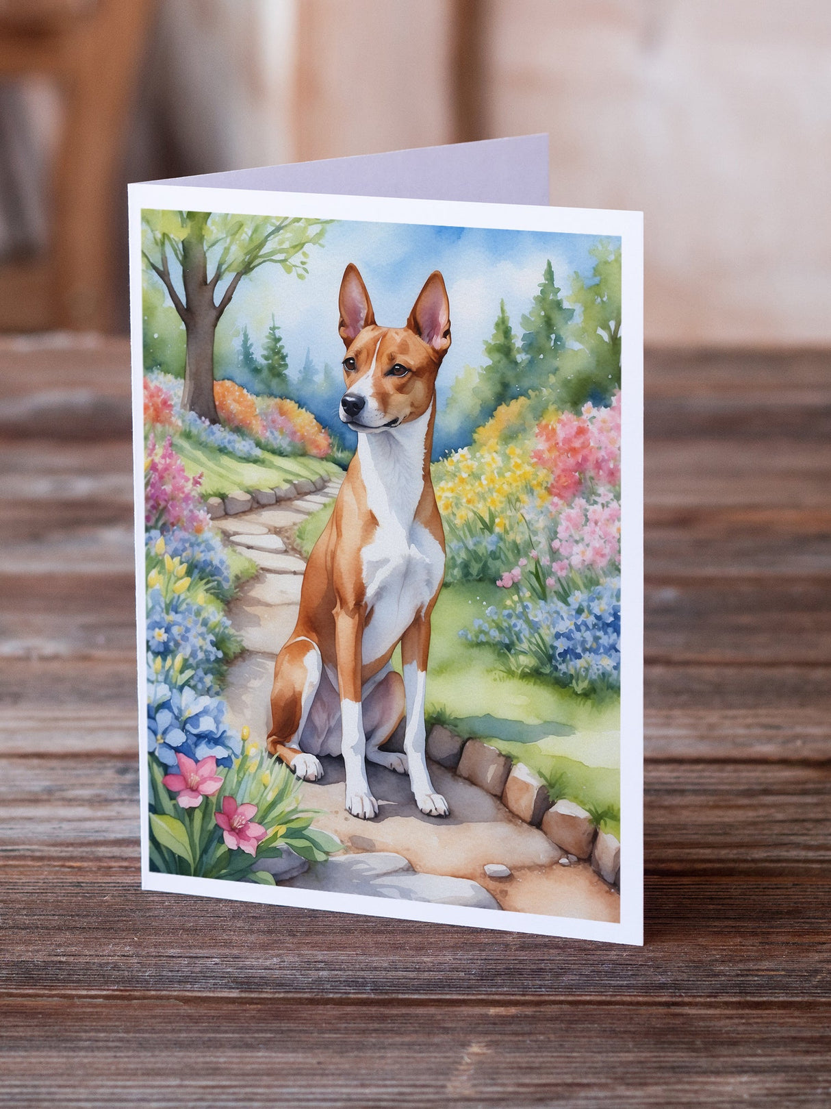 Basenji Spring Garden Greeting Cards Pack of 8