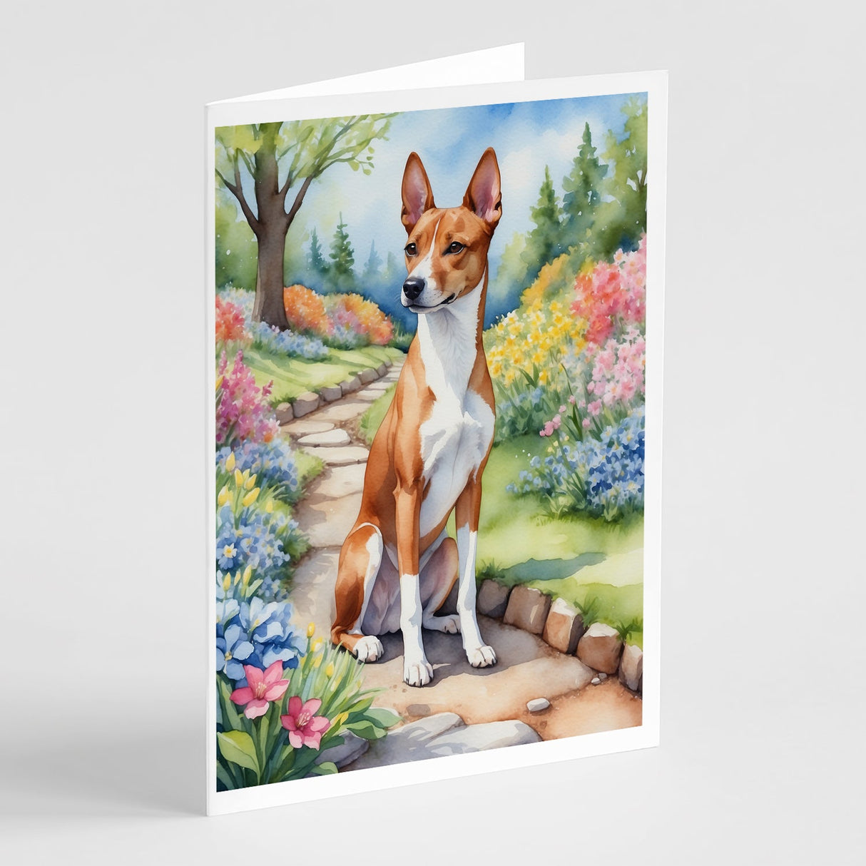 Basenji Spring Garden Greeting Cards Pack of 8