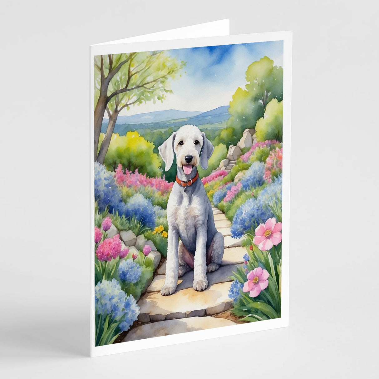 Bedlington Terrier Spring Garden Greeting Cards Pack of 8