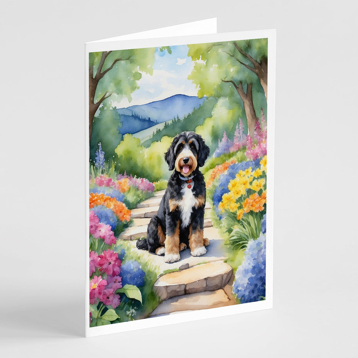 Bernedoodle Spring Path Greeting Cards Pack of 8