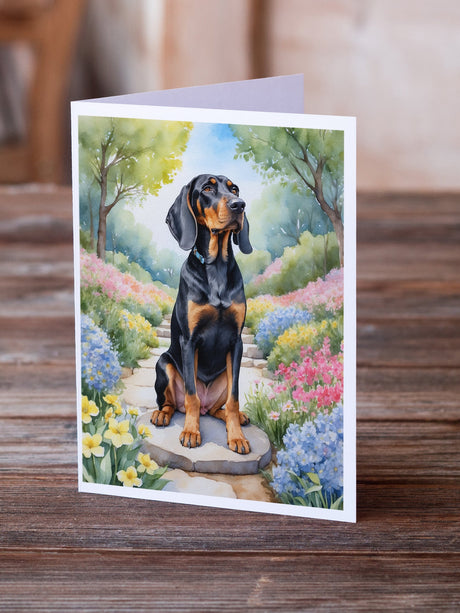 Black and Tan Coonhound Spring Path Greeting Cards Pack of 8