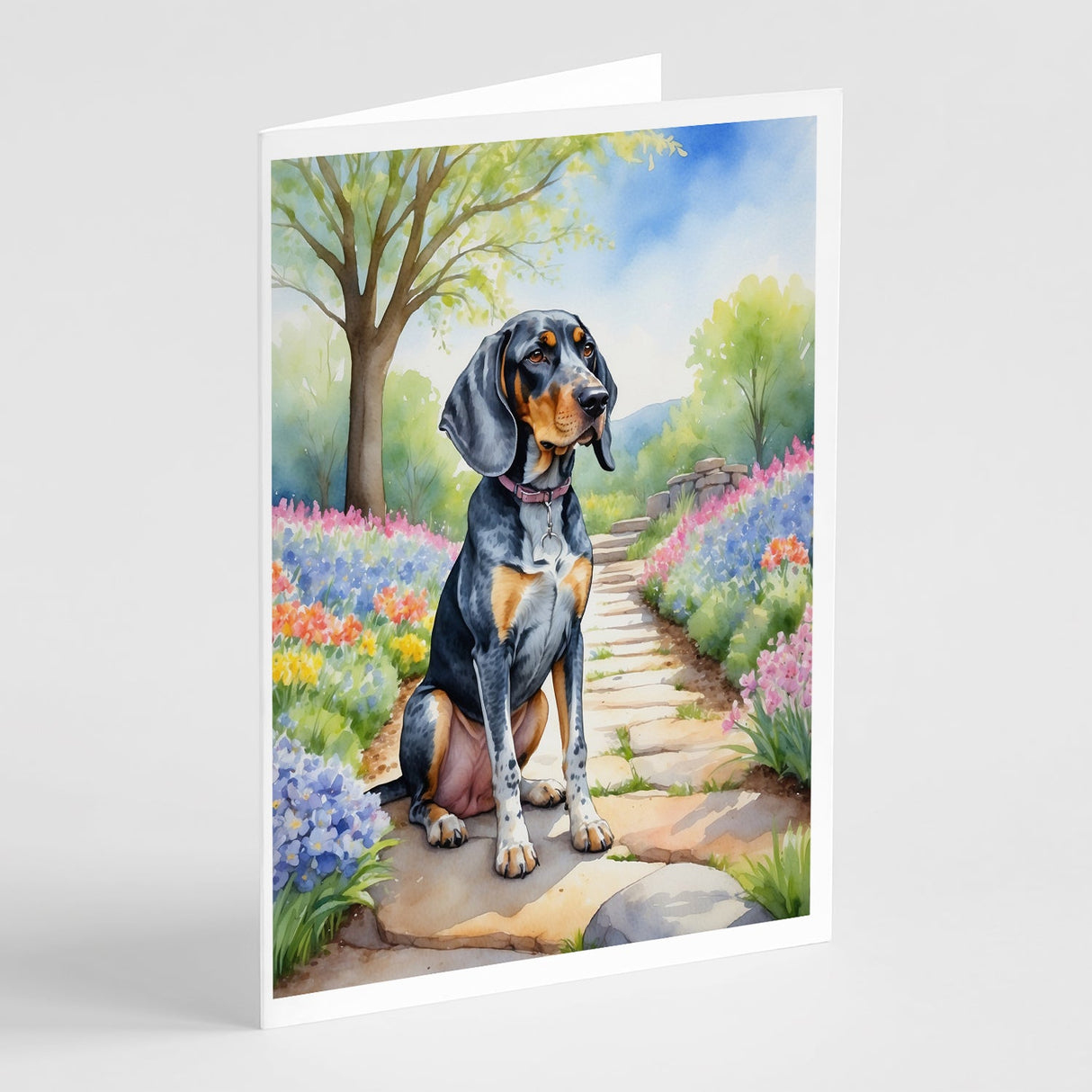 Bluetick Coonhound Spring Path Greeting Cards Pack of 8