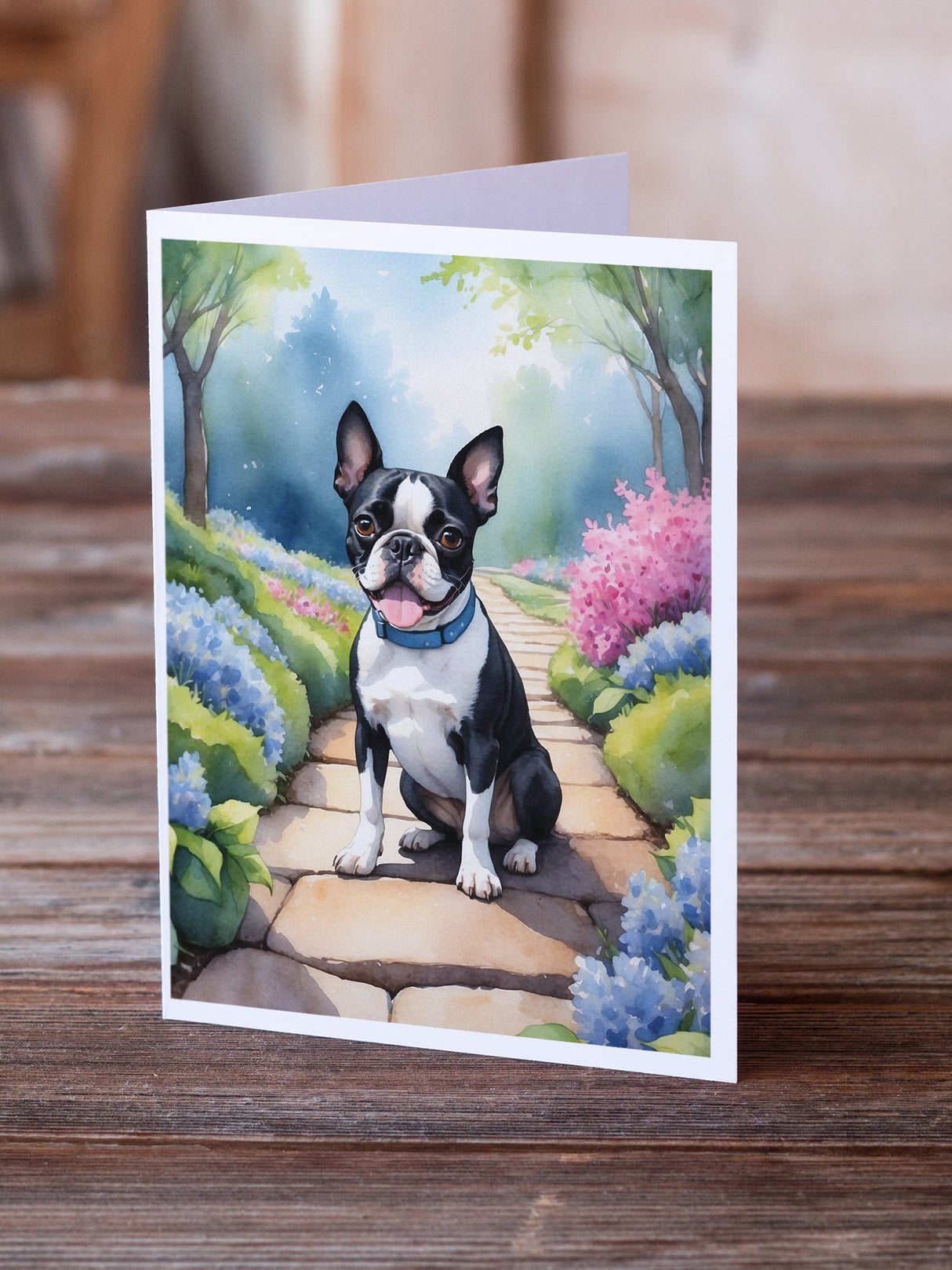 Boston Terrier Spring Path Greeting Cards Pack of 8