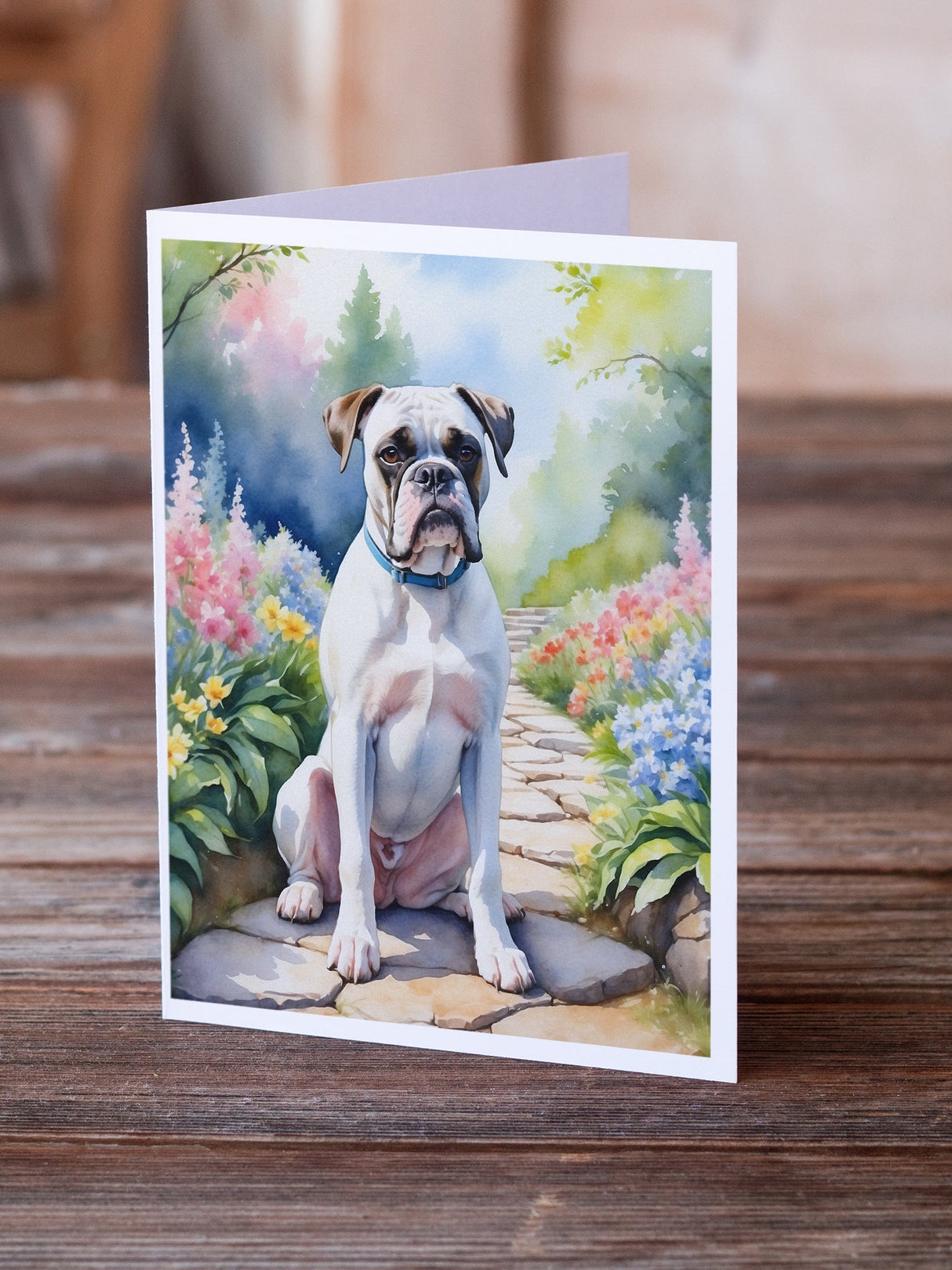 White Boxer Spring Path Greeting Cards Pack of 8