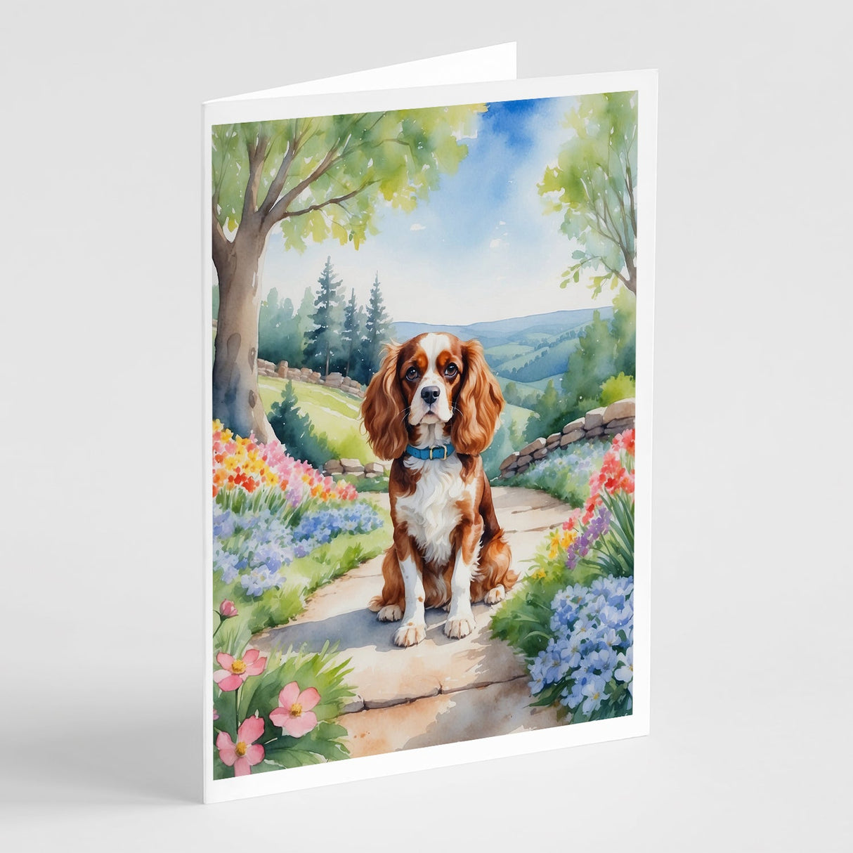 Cavalier Spaniel Spring Path Greeting Cards Pack of 8