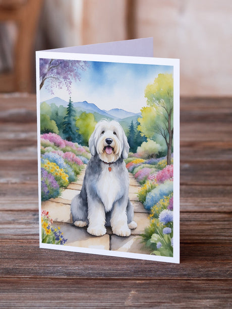 Old English Sheepdog Spring Path Greeting Cards Pack of 8