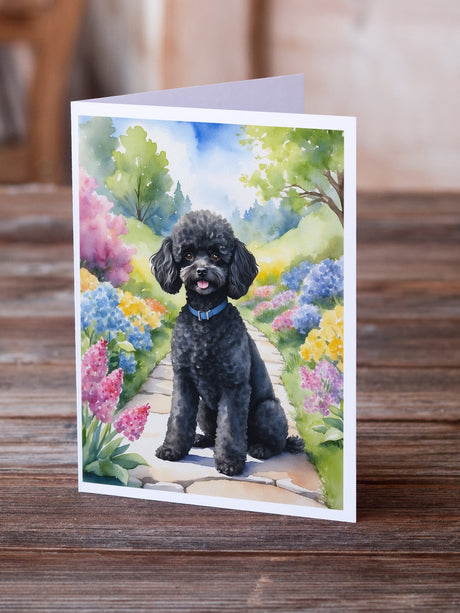 Black Poodle Spring Path Greeting Cards Pack of 8