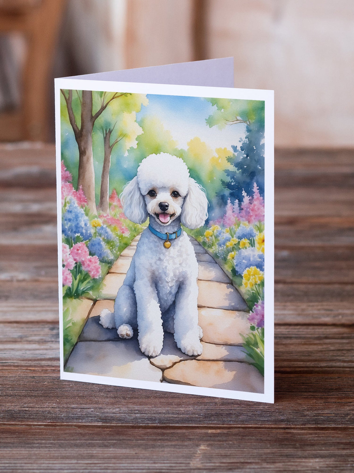 White Poodle Spring Path Greeting Cards Pack of 8