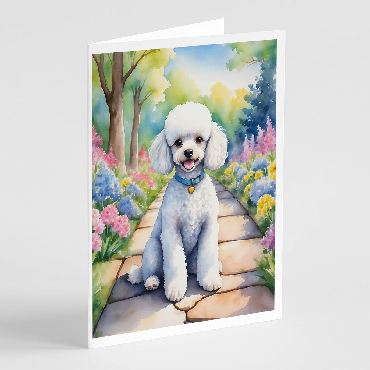 White Poodle Spring Path Greeting Cards Pack of 8