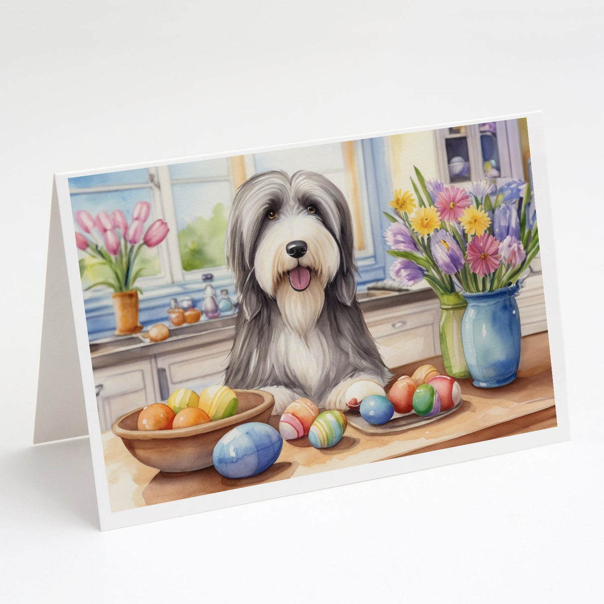 Decorating Easter Bearded Collie Greeting Cards Pack of 8