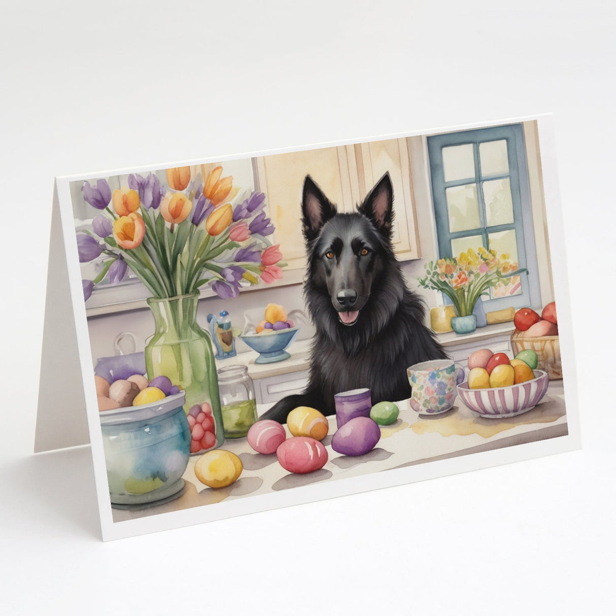 Decorating Easter Belgian Sheepdog Greeting Cards Pack of 8