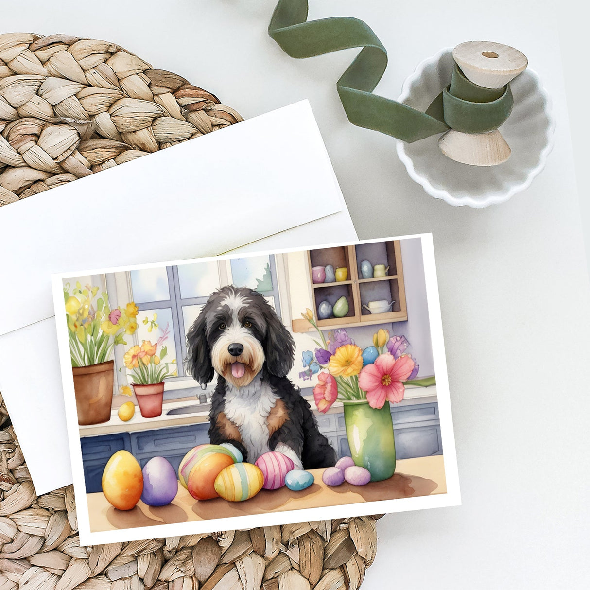 Decorating Easter Bernedoodle Greeting Cards Pack of 8