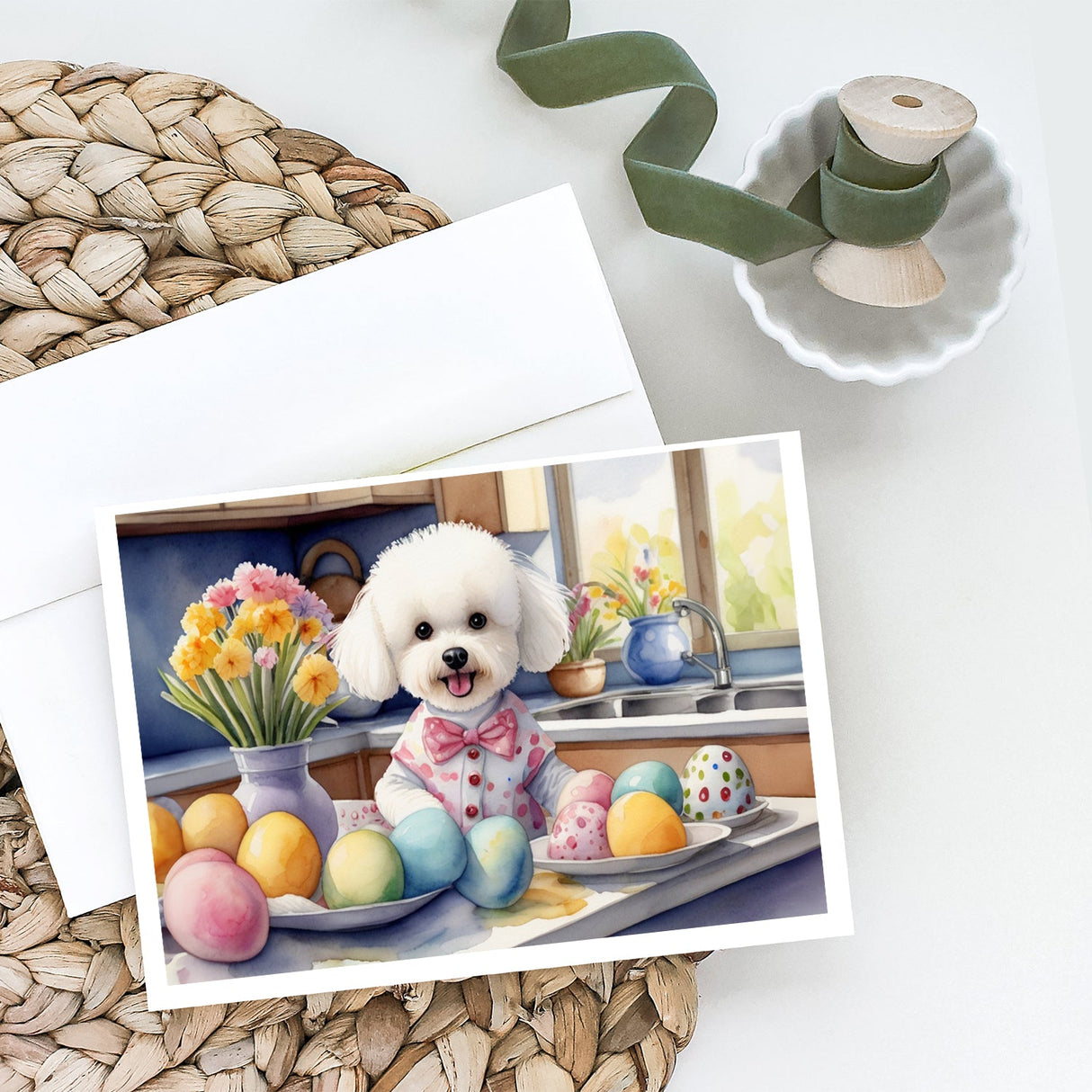 Decorating Easter Bichon Frise Greeting Cards Pack of 8