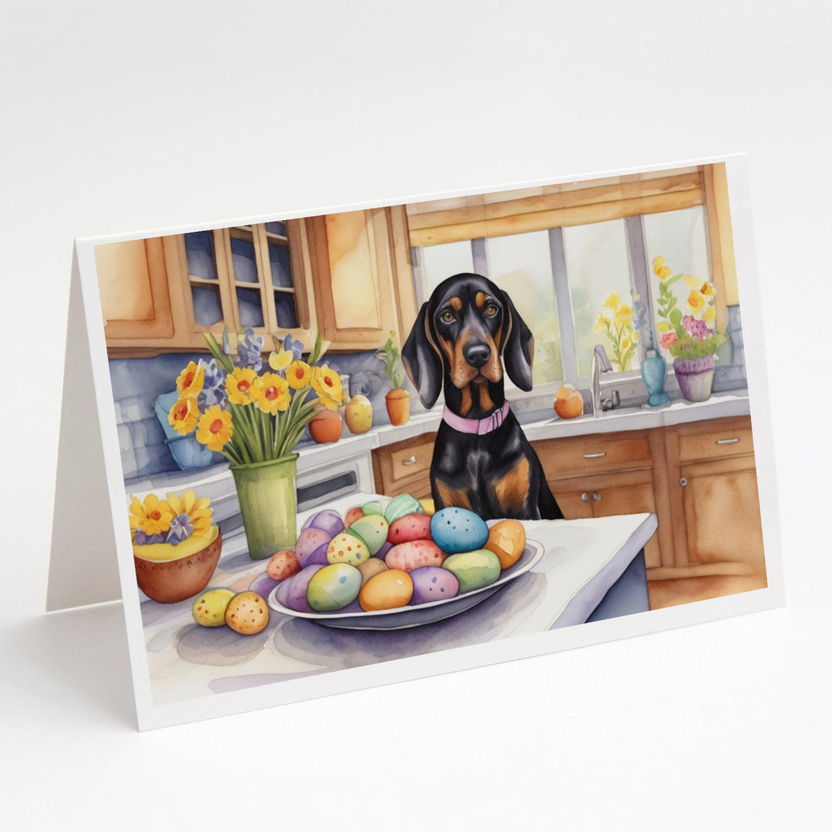 Decorating Easter Black and Tan Coonhound Greeting Cards Pack of 8