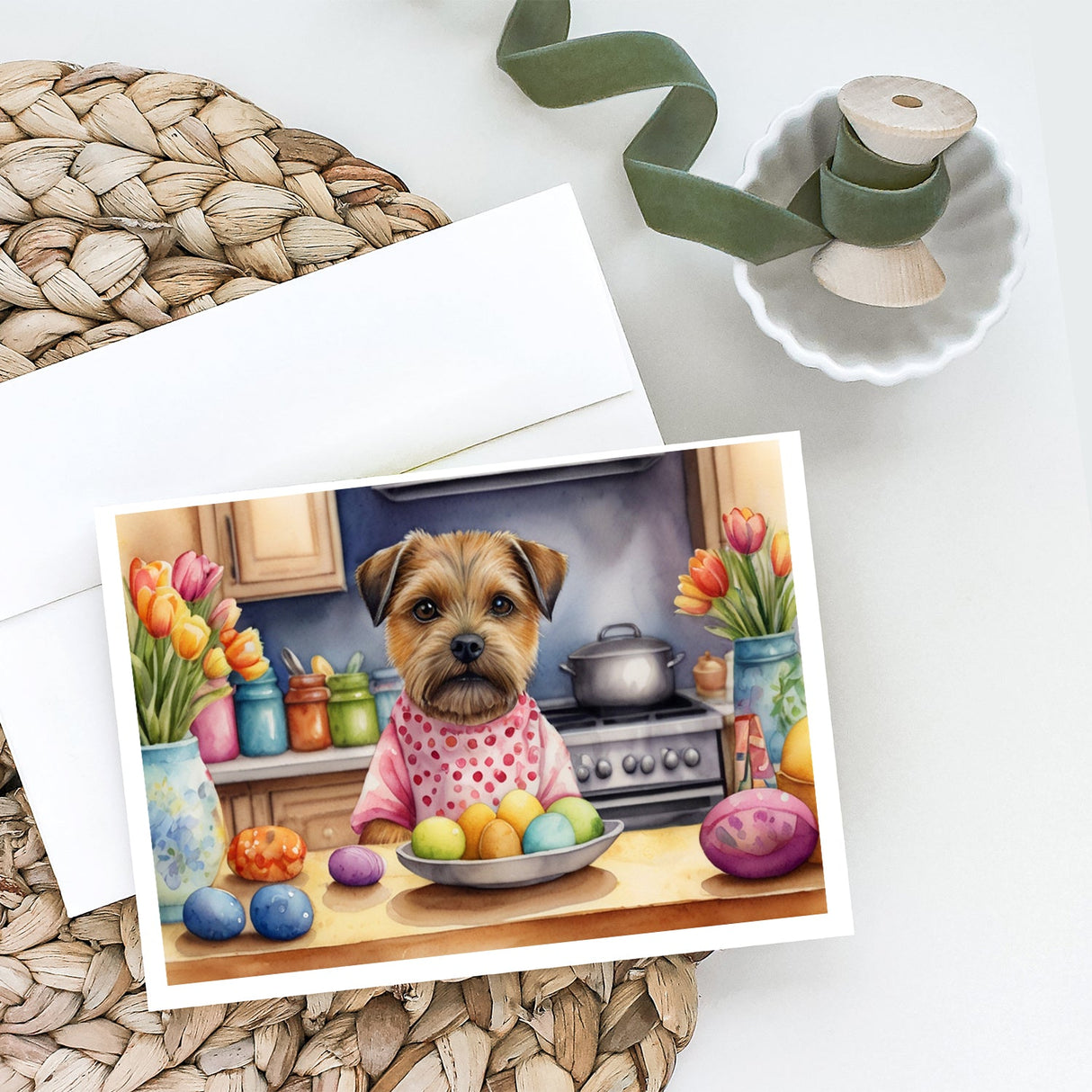 Decorating Easter Border Terrier Greeting Cards Pack of 8