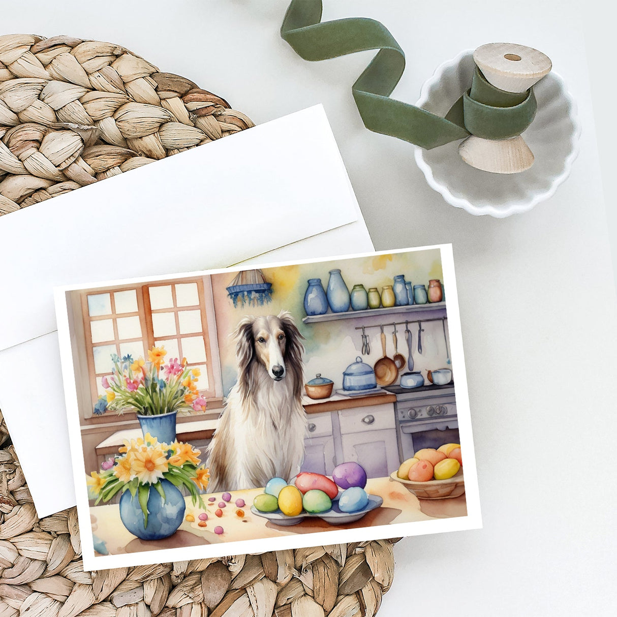 Decorating Easter Borzoi Greeting Cards Pack of 8