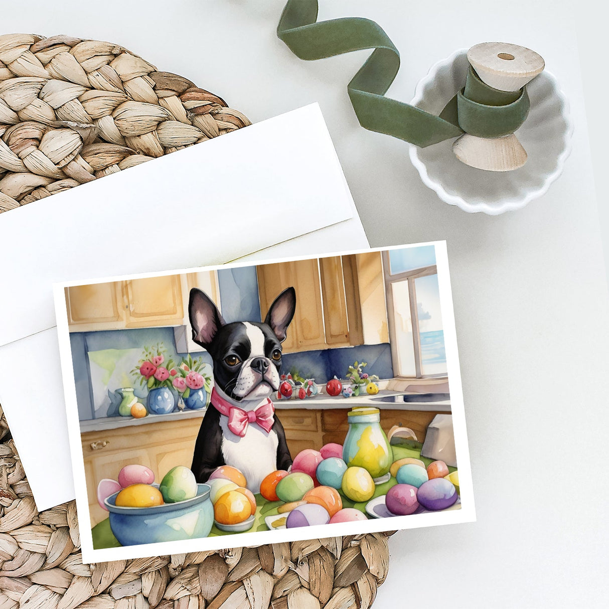 Decorating Easter Boston Terrier Greeting Cards Pack of 8