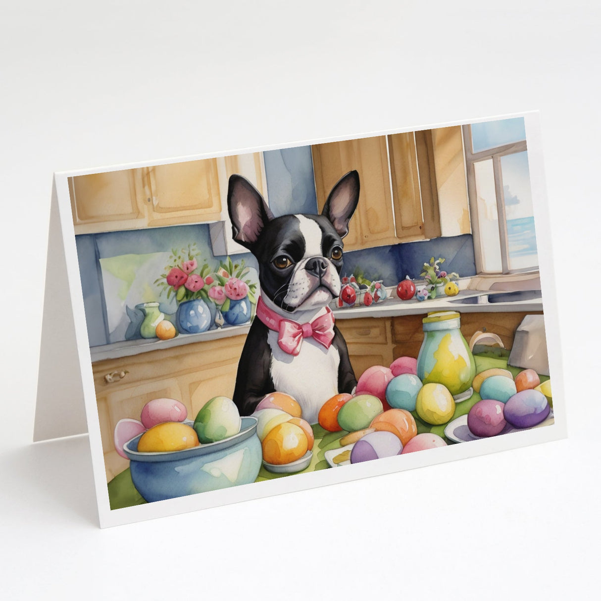 Decorating Easter Boston Terrier Greeting Cards Pack of 8