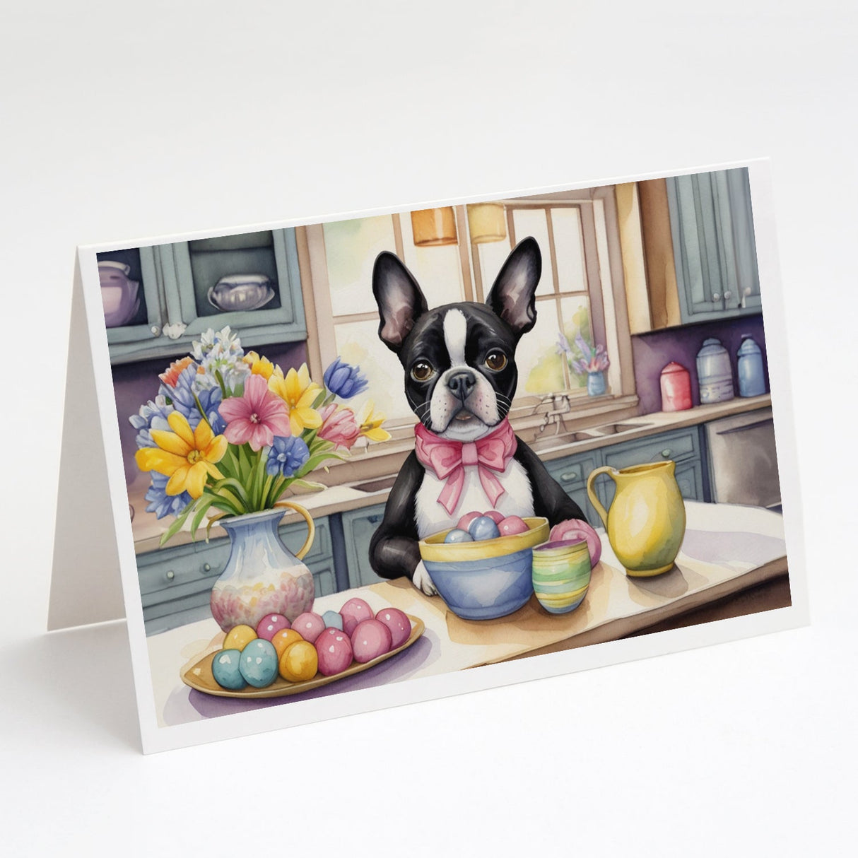 Decorating Easter Boston Terrier Greeting Cards Pack of 8