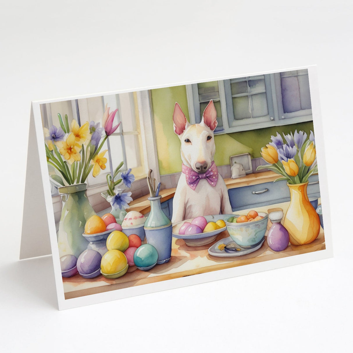 Decorating Easter Bull Terrier Greeting Cards Pack of 8