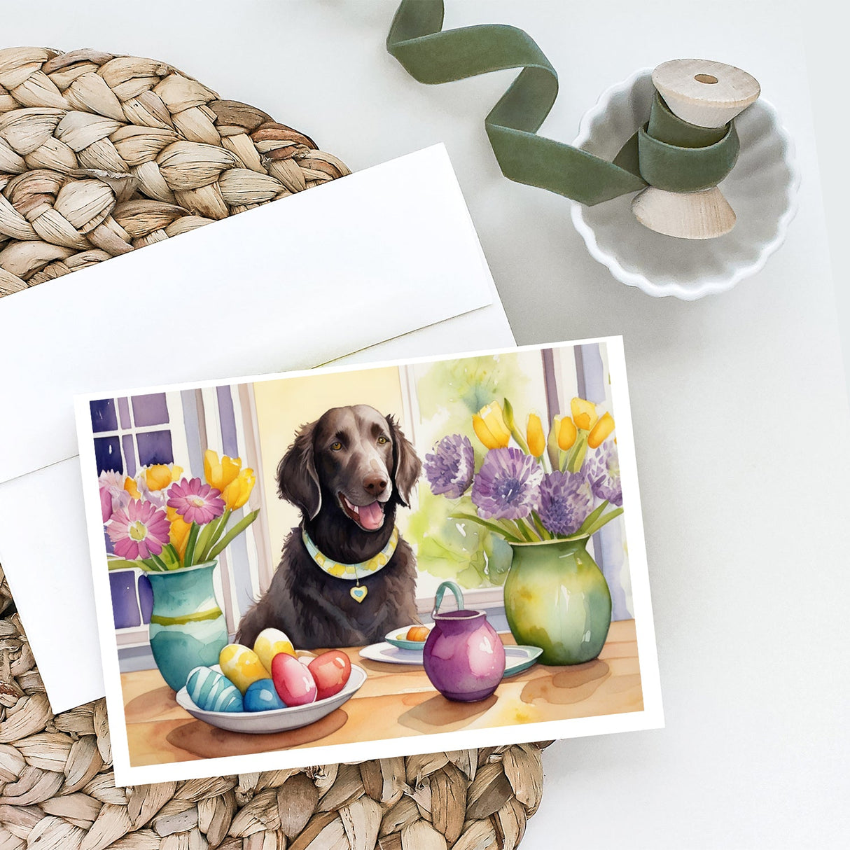 Decorating Easter Curly-Coated Retriever Greeting Cards Pack of 8