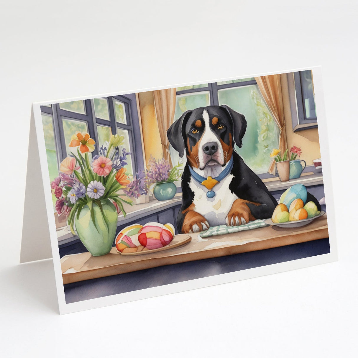 Decorating Easter Greater Swiss Mountain Dog Greeting Cards Pack of 8