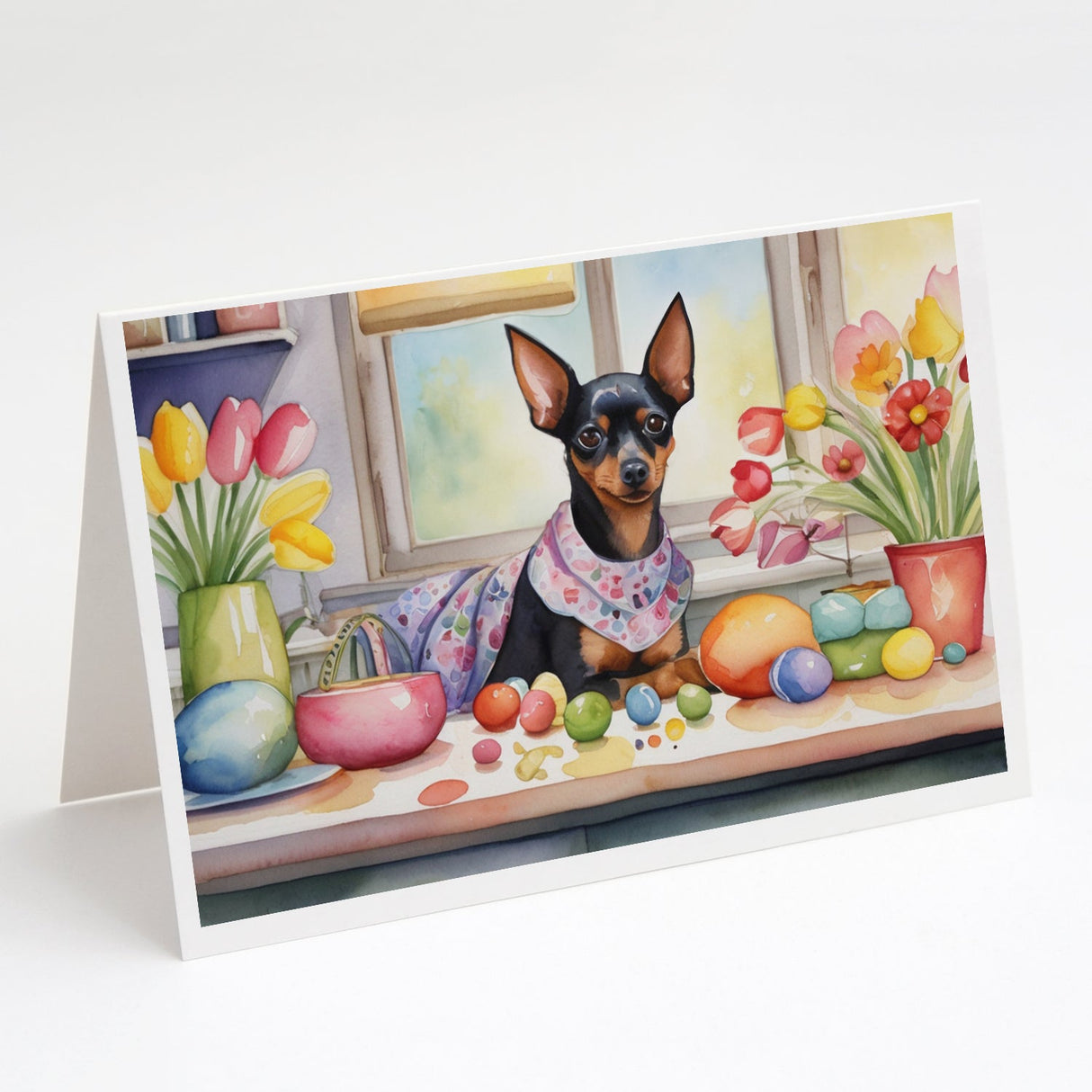 Decorating Easter Miniature Pinscher Greeting Cards Pack of 8