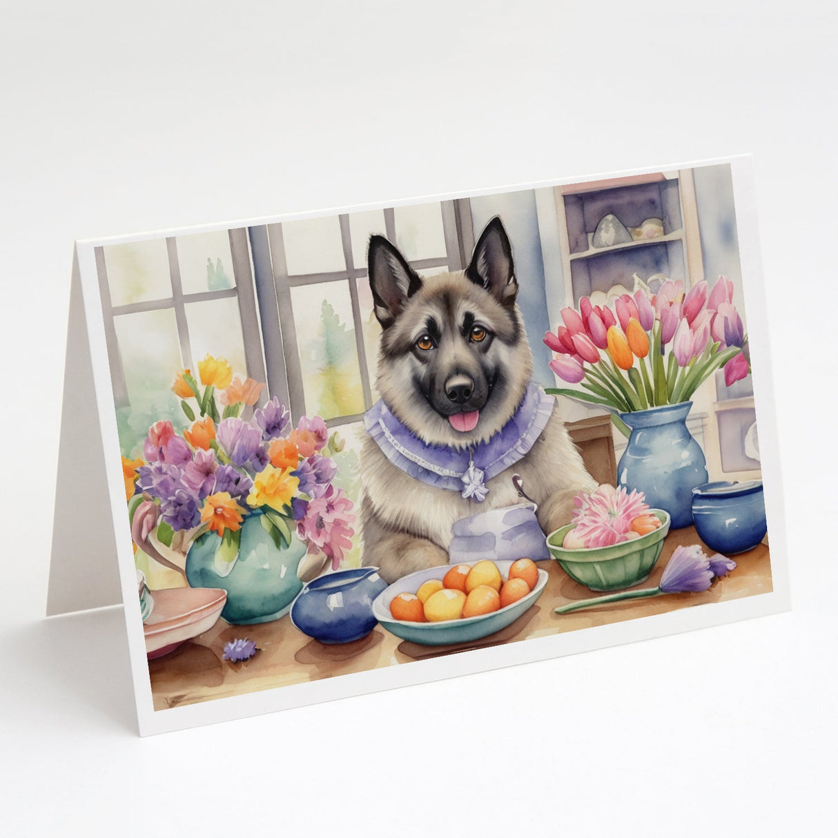 Decorating Easter Norwegian Elkhound Greeting Cards Pack of 8