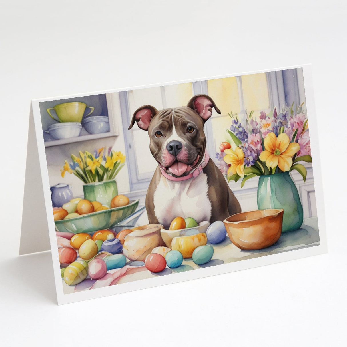 Decorating Easter Pit Bull Terrier Greeting Cards Pack of 8