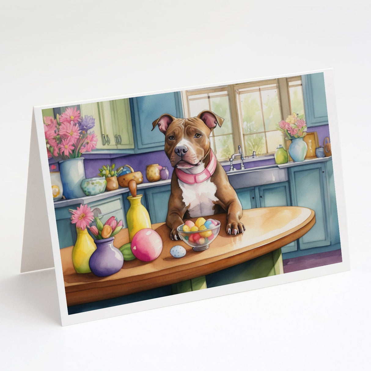 Decorating Easter Pit Bull Terrier Greeting Cards Pack of 8