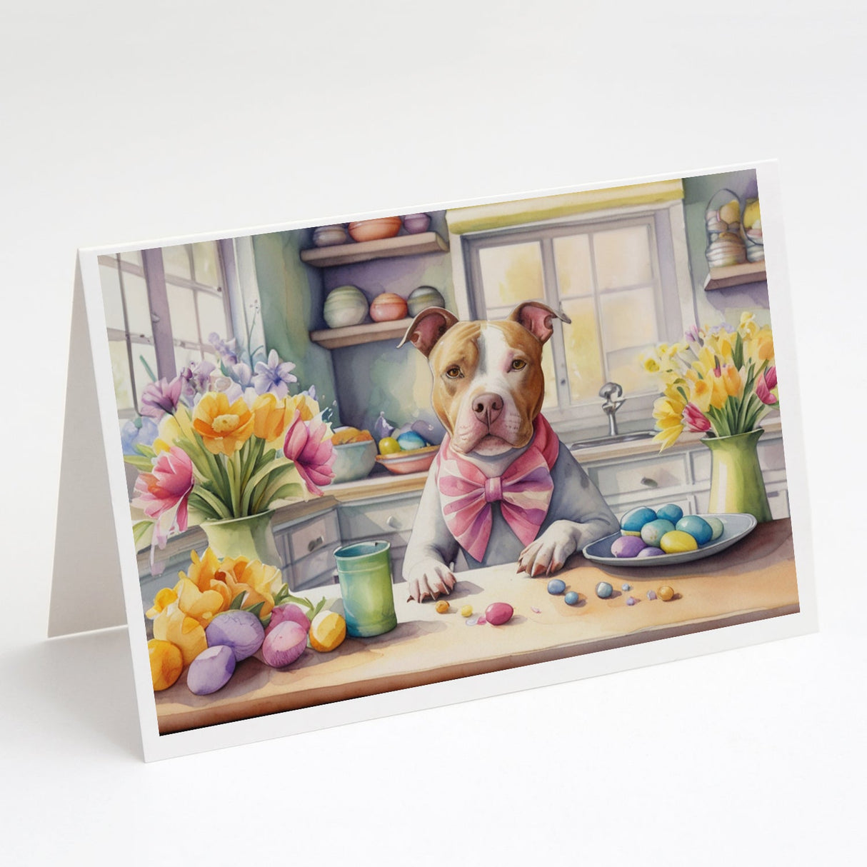 Decorating Easter Pit Bull Terrier Greeting Cards Pack of 8