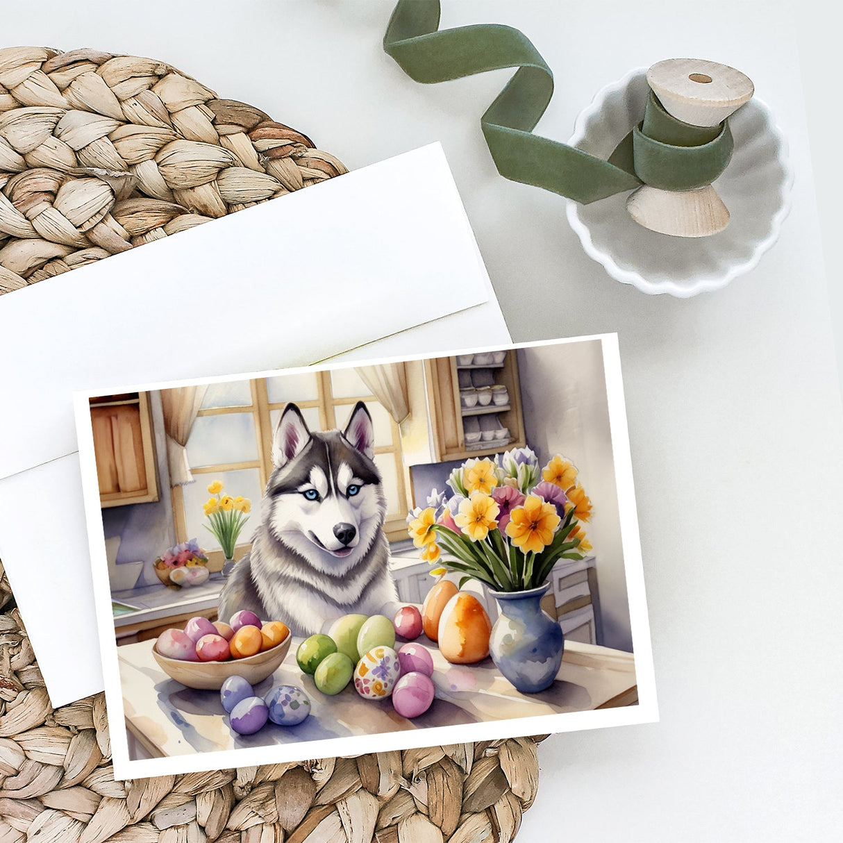 Decorating Easter Siberian Husky Greeting Cards Pack of 8