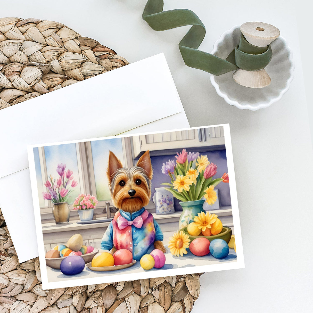 Decorating Easter Silky Terrier Greeting Cards Pack of 8