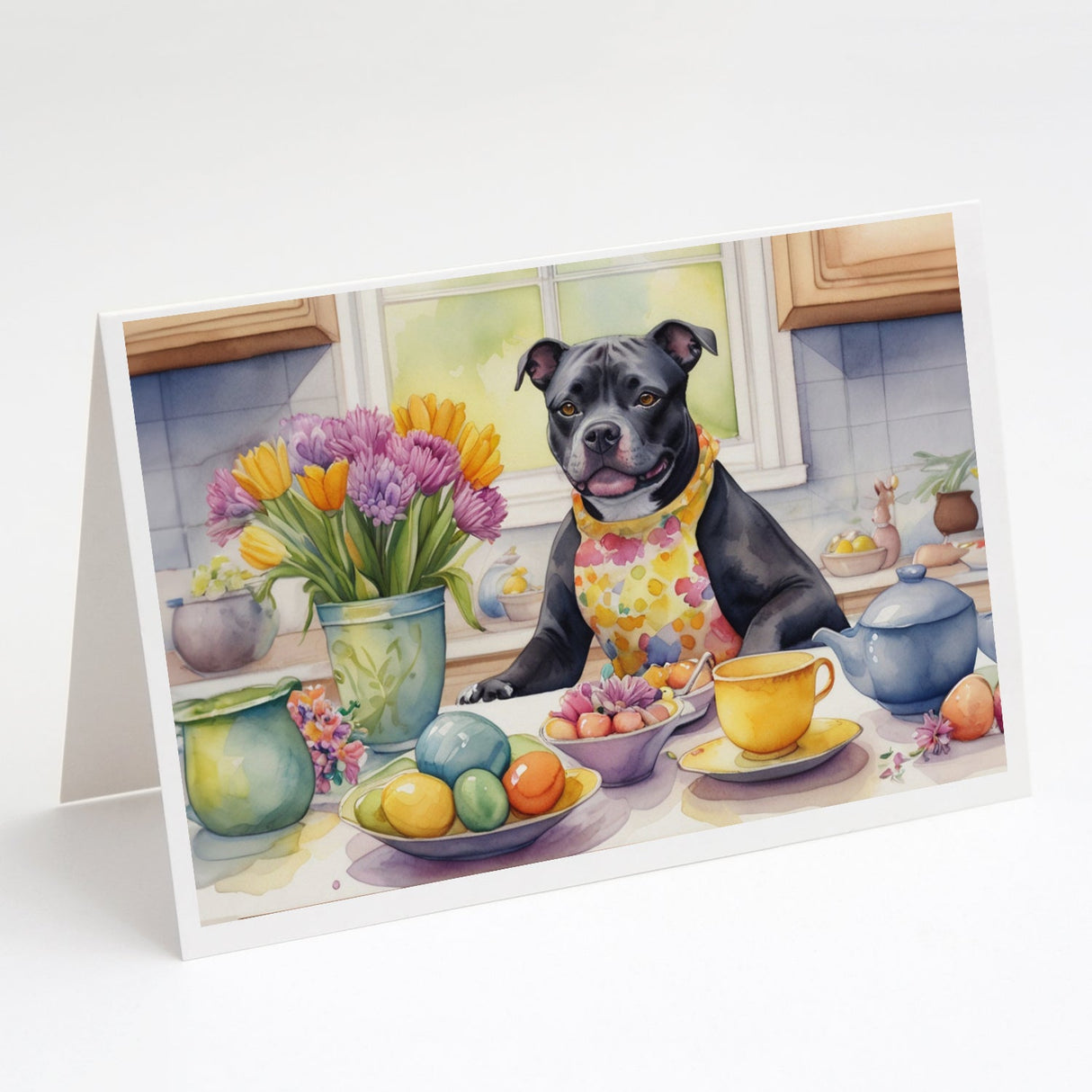 Decorating Easter Staffordshire Bull Terrier Greeting Cards Pack of 8