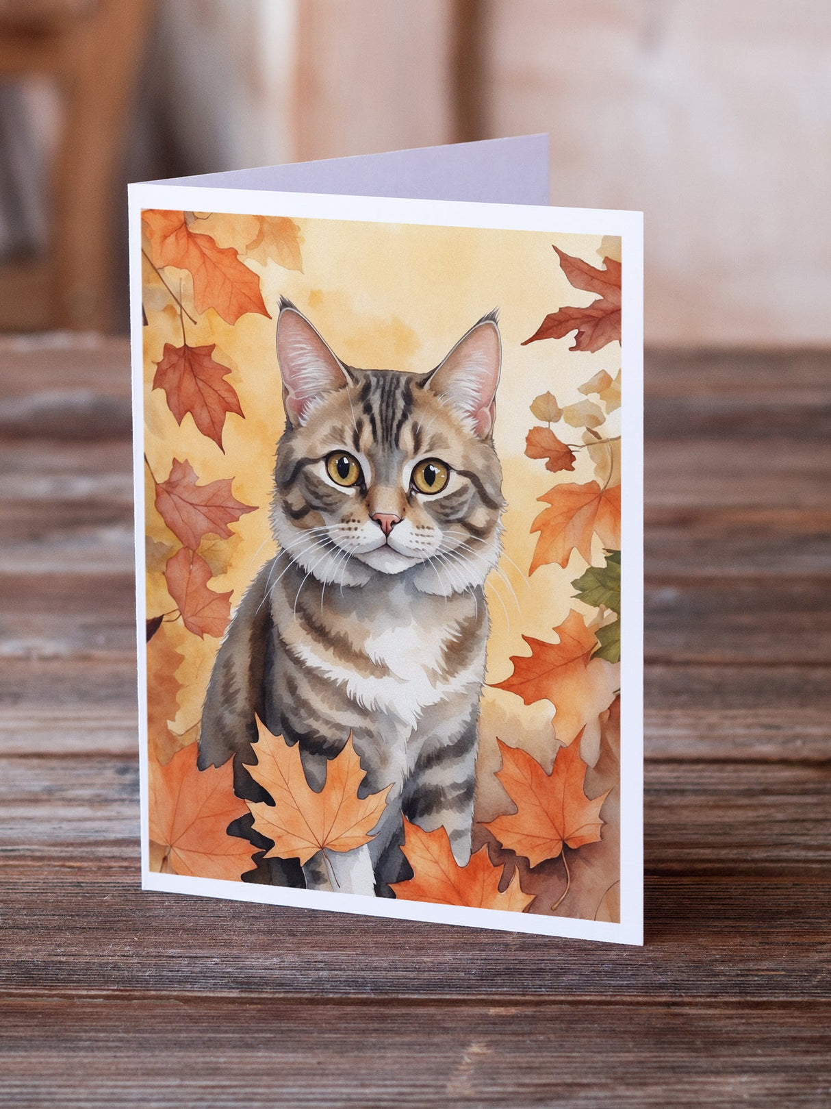 American Bobtail Cat in Fall Leaves Greeting Cards Pack of 8