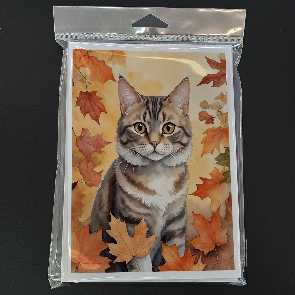 American Bobtail Cat in Fall Leaves Greeting Cards Pack of 8