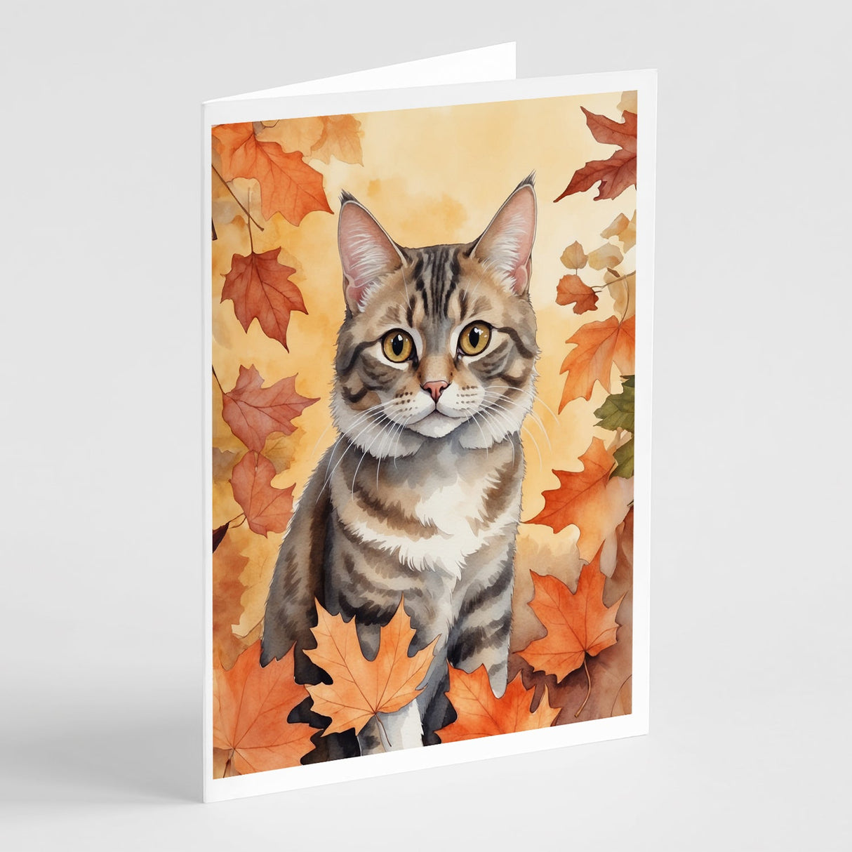 American Bobtail Cat in Fall Leaves Greeting Cards Pack of 8