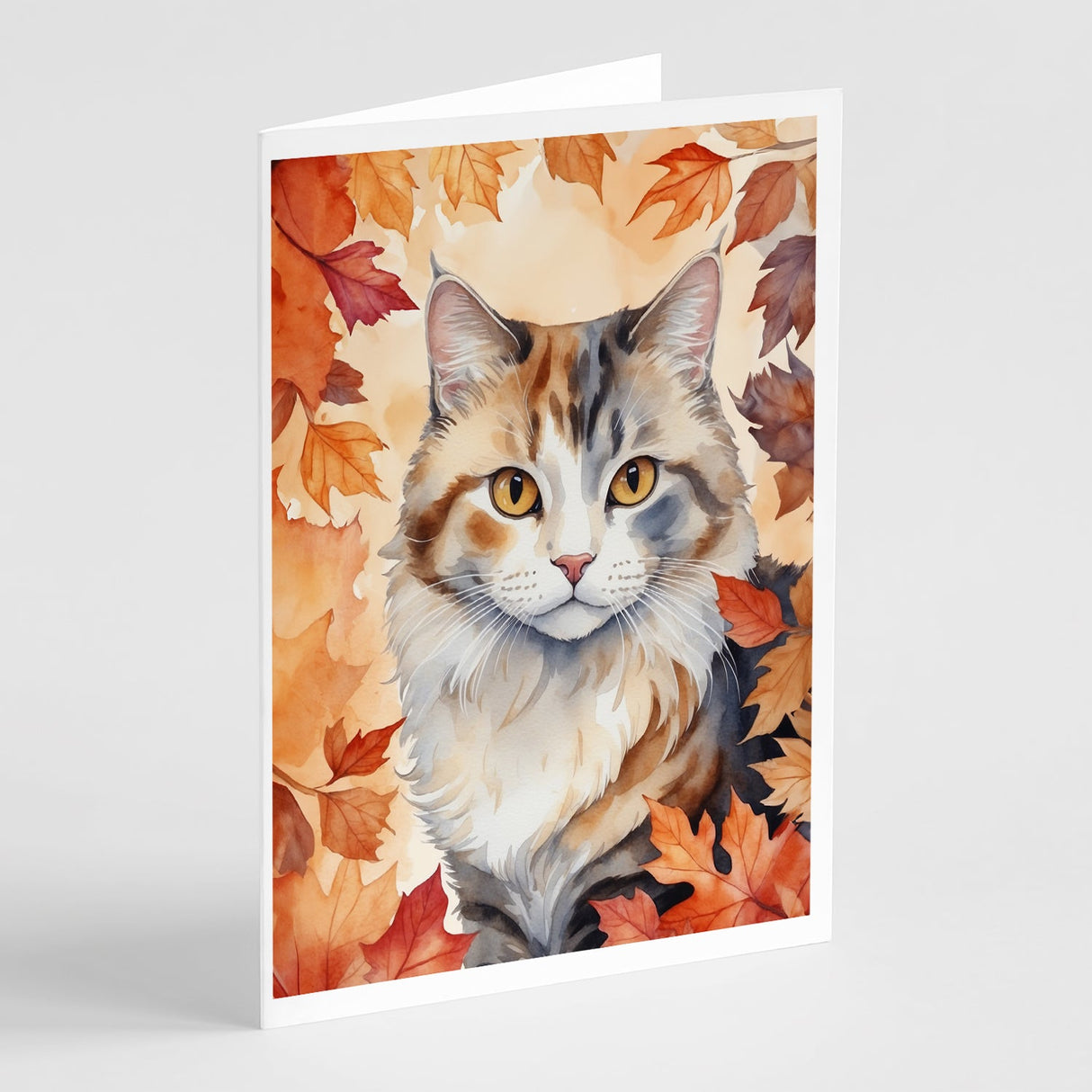 American Curl Cat in Fall Leaves Greeting Cards Pack of 8