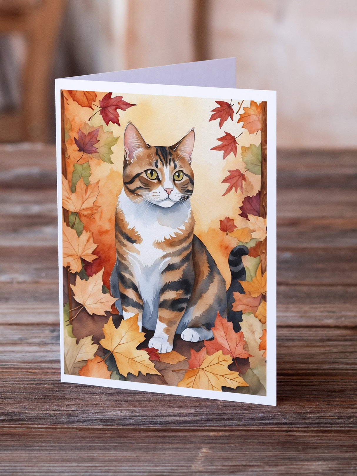 American Polydactyl Cat in Fall Leaves Greeting Cards Pack of 8