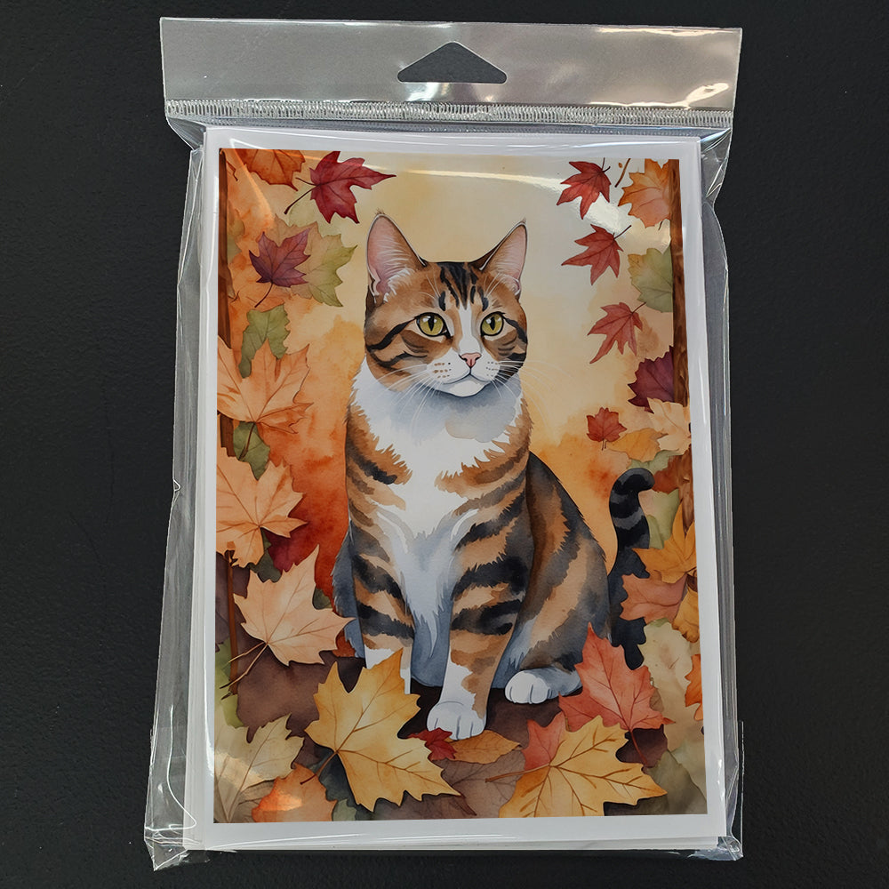 American Polydactyl Cat in Fall Leaves Greeting Cards Pack of 8